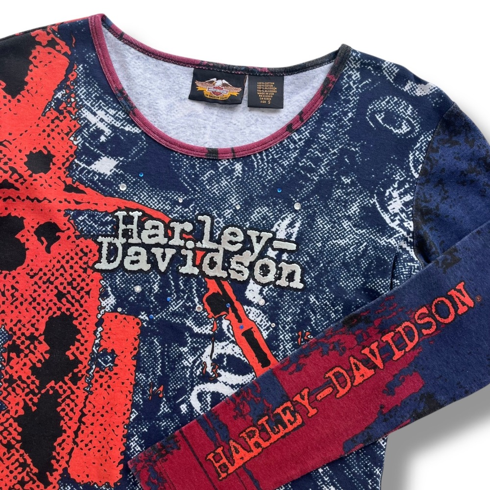 Harley Davidson Sm Blue Orange Metallic Graphic Sparkle Long Sleeve Baby Tee Y2K
